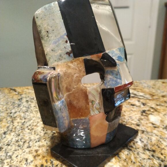 Mayan Death Mask Mother Pearl Onyx Abalone Burial Mosaic Sculpture Folk Art - Picture 3 of 11